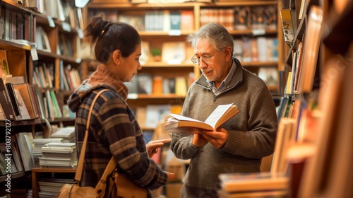 A friendly old man is selling books to an attractive young woman in the bookstore. photo