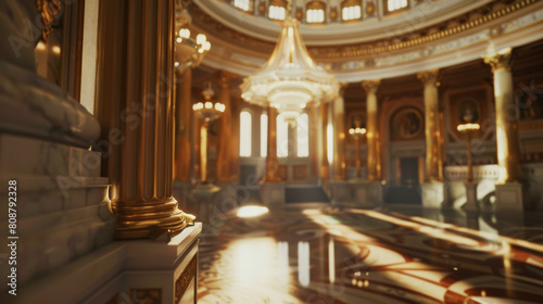 Sunlit interior of a grand rotunda  highlighting the architectural beauty.
