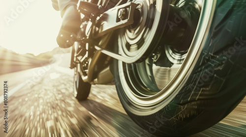 Dynamic motorbike ride, focus on spinning wheel and motion blur. photo
