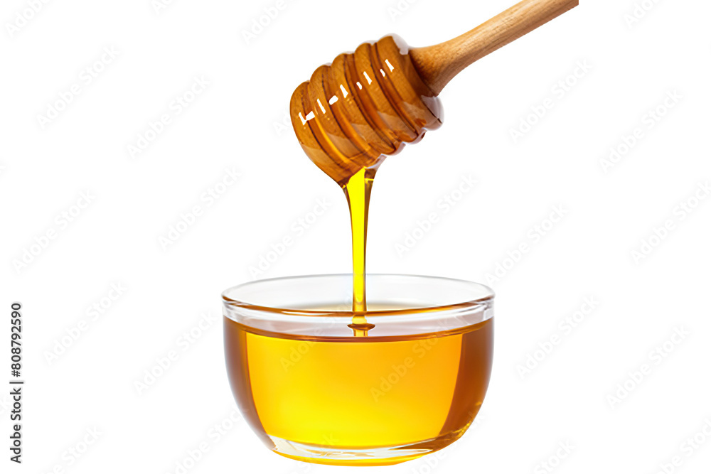 Golden honey dripping from a spoon on transparent background