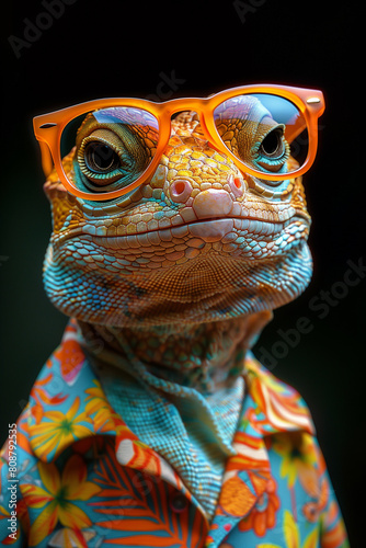 The Profile of A Lizard Wearing Big Sunglasses and A Colorful Summer T-shirt Against A Single-Color Background © MerveK