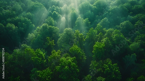 A stunning aerial view of a dense  green forest canopy  where the sunlight filters through myriad shades of green  highlighting the complex interplay of leaves and branches.