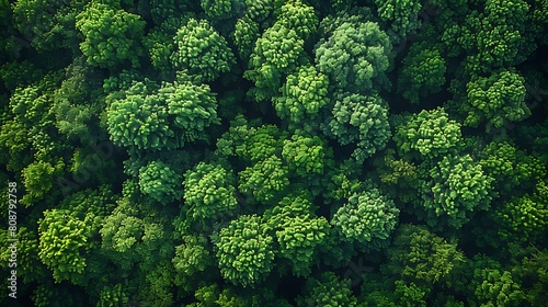 A stunning aerial view of a dense  green forest canopy  where the sunlight filters through myriad shades of green  highlighting the complex interplay of leaves and branches.