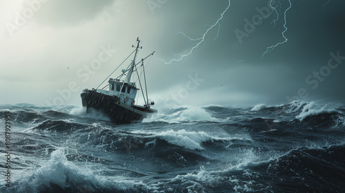 Fishing boat braves stormy seas under dark clouds with lightning.