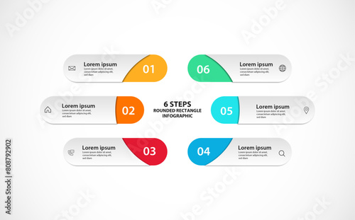 Business infographic template design with rounded rectangle and icons process step with 6 options. Can be used for slides, diagram, presentation or web design. Vector illustration
