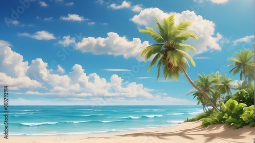 Sunny tropical beach with soft waves and a blue sky © Kashwat