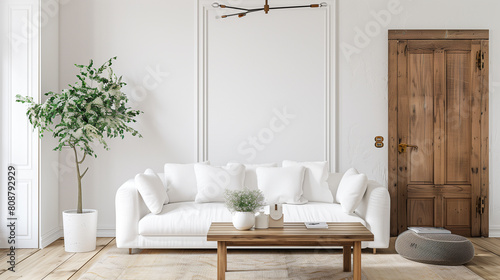 copy space, stockphoto, White sofa near wooden door. Scandinavian modern living room. Luxury clean living space, with a white couch. Scaninavian style. Modern living trends. photo