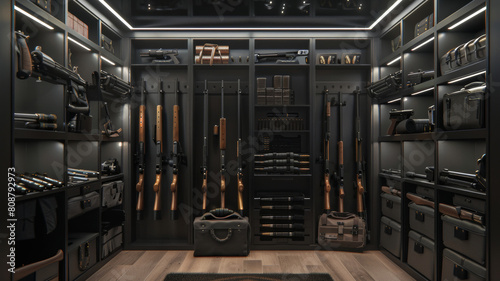 Dimly lit upscale armory room showcasing organized weapons. photo