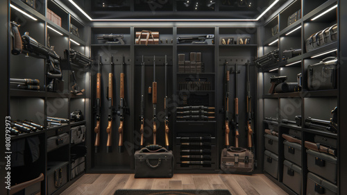 Dimly lit upscale armory room showcasing organized weapons.