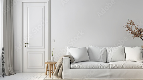 copy space, stockphoto, White sofa near wooden door. Scandinavian modern living room. Luxury clean living space, with a white couch. Scaninavian style. Modern living trends. © Dirk