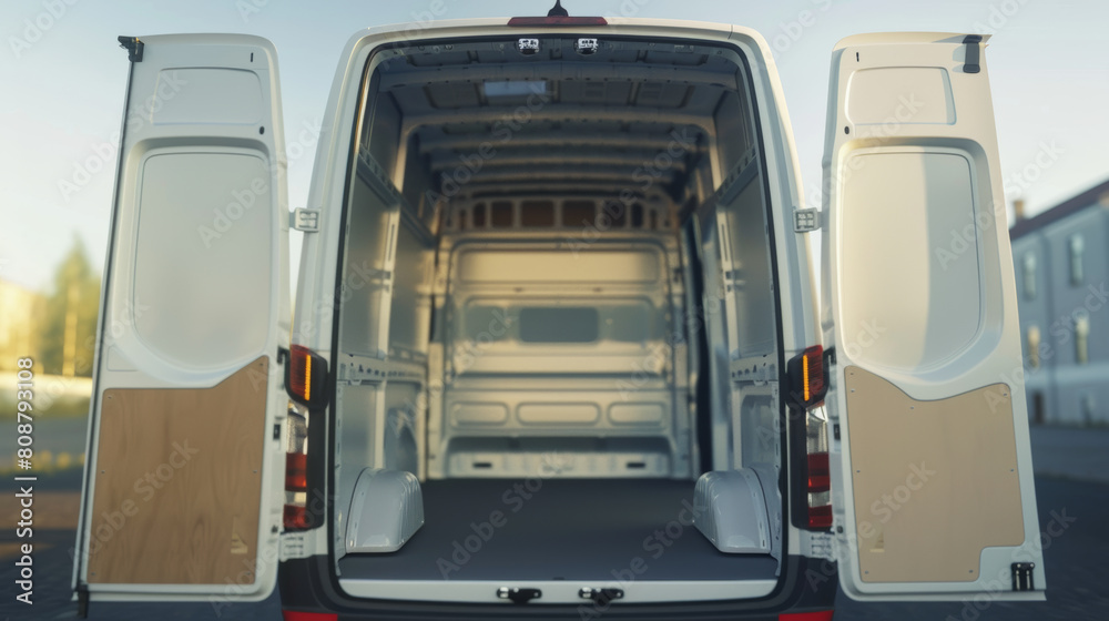 Open rear doors of a spacious empty cargo van await deliveries, symbolizing potential and transit. Open rear doors of a spacious empty cargo van await deliveries, symbolizing potential and transit.