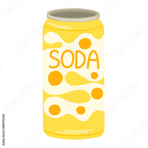 Soda, fizzy drink in aluminum can. Summer lemonade, cold beverage, fresh sweet carbonated refreshment in metal steel tin. Flat graphic vector illustration isolated