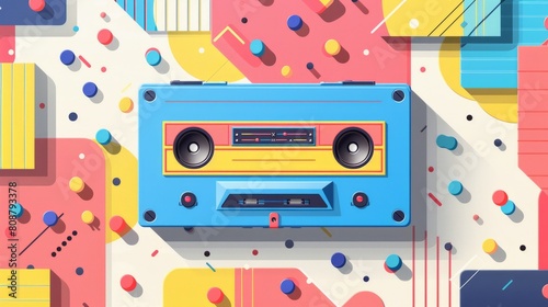 Cassette and structured patterns converge in a lively. Retro cassette tapes, infused with vibrant colors and geometric patterns