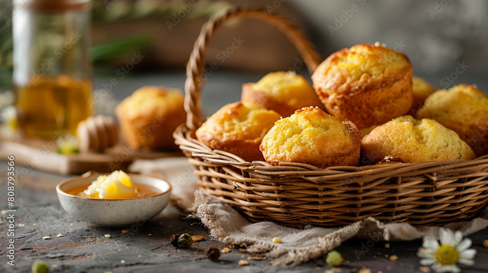 Cornbread muffins served with honey butter in a rustic basket. Cornbread muffins served with honey butter in a rustic basket.