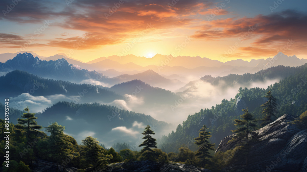 Breathtaking view of vibrant sunrise or sunset over rugged mountain peaks with clouds Breathtaking view of vibrant sunrise or sunset over rugged mountain peaks with clouds