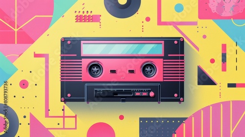 Cassette and structured patterns converge in a lively. Retro cassette tapes, infused with vibrant colors and geometric patterns