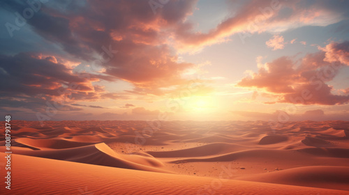 Sand dunes under sunset or sunrise glowing sky with clouds  dramatic desert landscape
