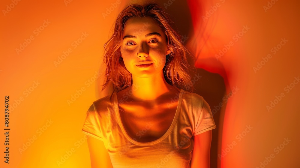 Young attractive blonde woman with freckles on her face illuminated by warm orange light on a beige background. Young attractive blonde woman with freckles on her face illuminated by warm orange light on a beige background.