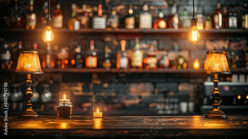 Elegant bar counter with bottles on shelves and dim lights in the background