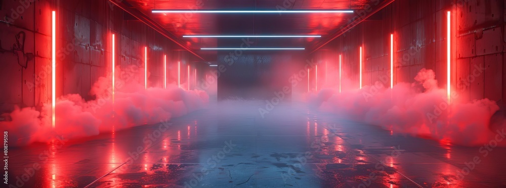 Sci Fi Futuristic Smoke Fog Neon Laser Garage Room Red Electric Cyber Undergound Warehouse Concrete Reflective Studio Podium Club 3D Rendering illustration