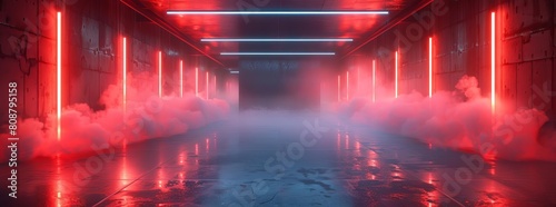 Sci Fi Futuristic Smoke Fog Neon Laser Garage Room Red Electric Cyber Undergound Warehouse Concrete Reflective Studio Podium Club 3D Rendering illustration ©  Green Creator
