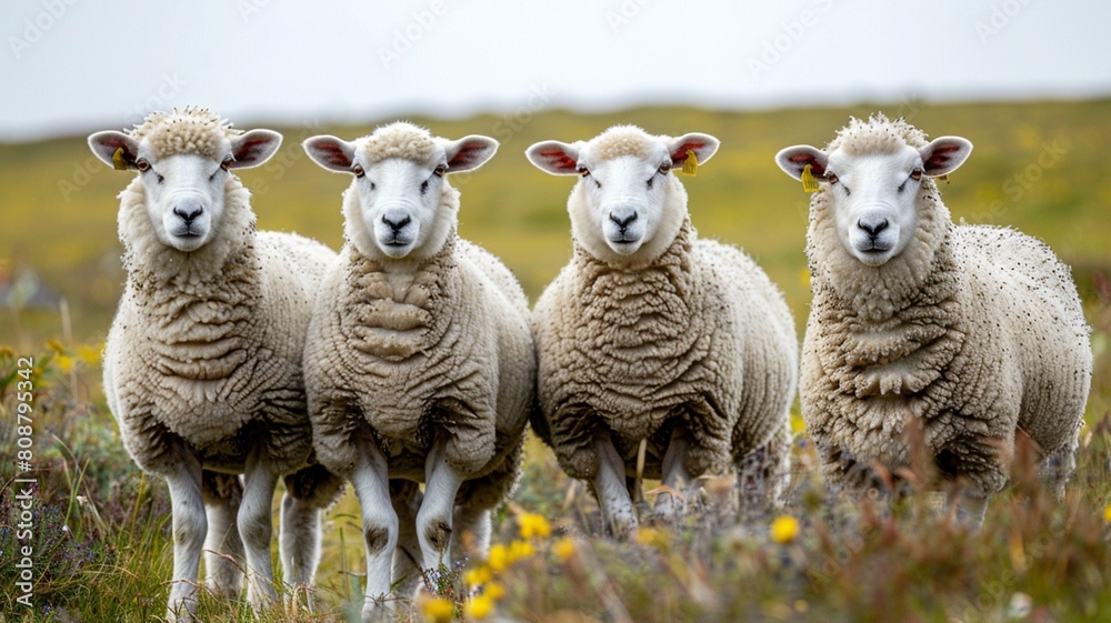 Fototapeta premium Sheep in the field looking at the camera with a blurred background