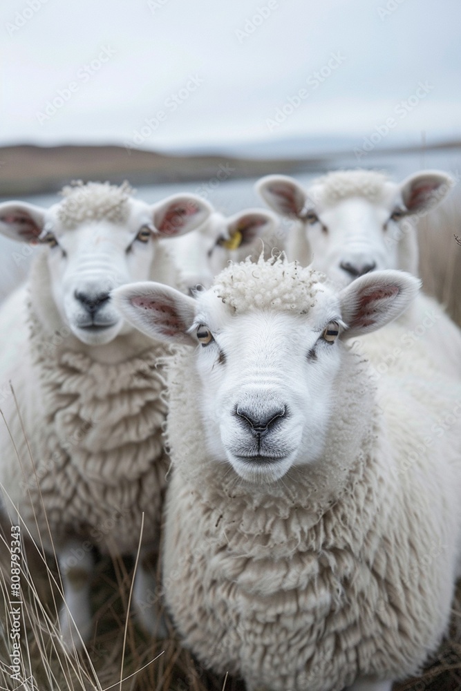 Obraz premium Sheep in the field looking at the camera with a blurred background