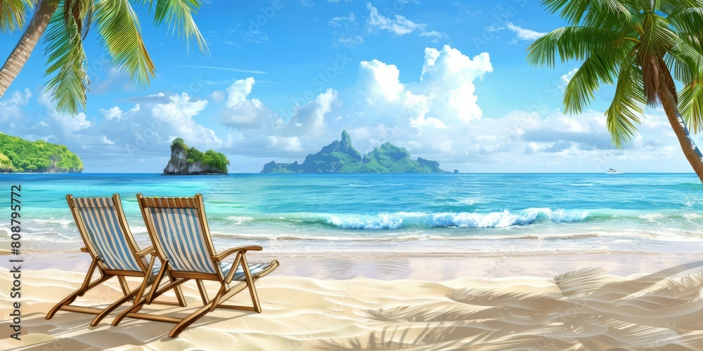 Beautiful tropical beach with two chairs facing serene ocean, palm trees framing scenic island view, vivid blues and greens, ideal vacation theme. Copy space.
