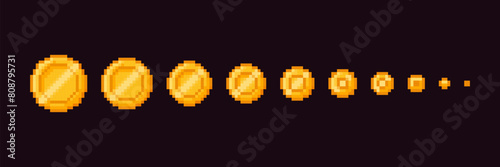 Pixel art coins. Flat gold coin animation from big to small for 8 bit video game. Cartoon gaming animated pixeled yellow money icon for arcade game. Vector concept © Foxy Fox