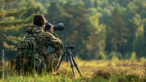 Wildlife Photographer Capturing Nature  Camouflage Gear in Forest Setting. Serene Outdoor Photography Adventure. Focus and Patience Illustrated. AI