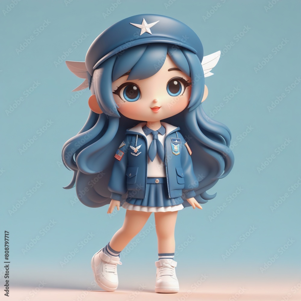 3D illustration cartoon of cute girl wear air force suite with hat, isolate on blue pastel background 3D illustration cartoon of cute girl wear air force suite with hat, isolate on blue pastel background