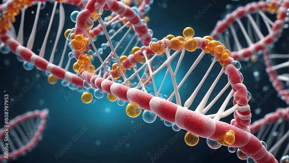 A close up of a 3D render dna strands helix molecule experiment illustration against a dark blur background A close up of a 3D render dna strands helix molecule experiment illustration against a dark blur background