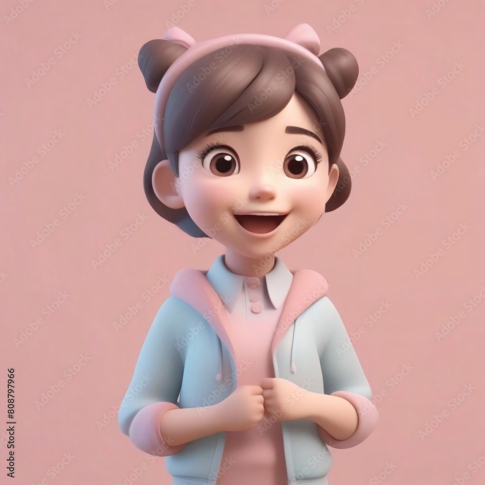 3D illustration cartoon of excited girl, isolated on pink pastel background 3D illustration cartoon of excited girl, isolated on pink pastel background