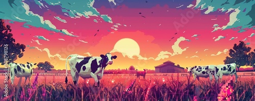 summer background with cows in a field photo