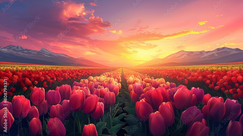 A detailed illustration of a sunrise landscape, featuring rows of tulips in a spectrum of colors under a brightening sky