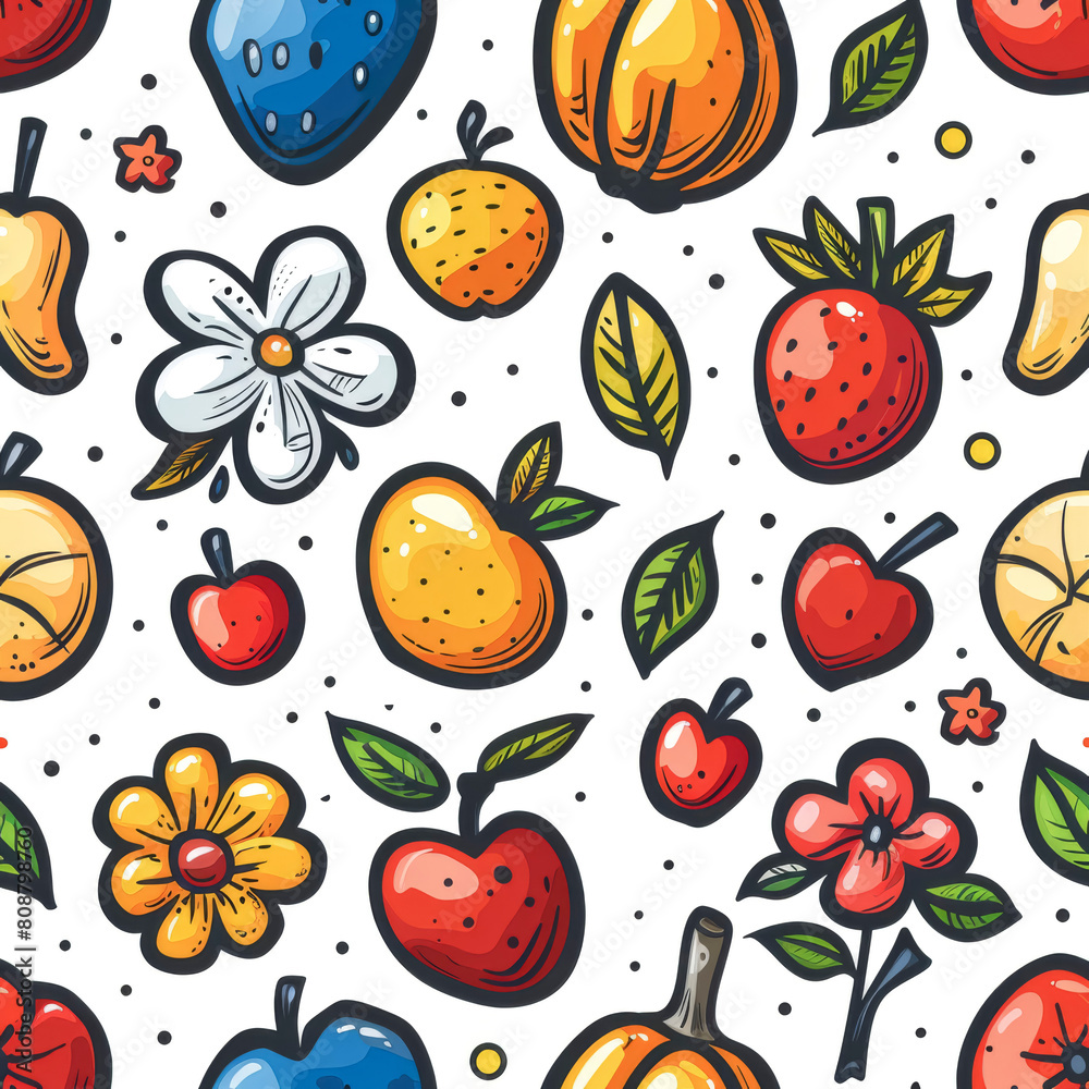 Pattern design with child-drawn flowers and fruits on a white background. Pattern design with child-drawn flowers and fruits on a white background.