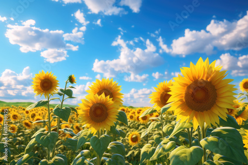 Sunlit bright yellow Sunflower Field Under Blue Sky natural background