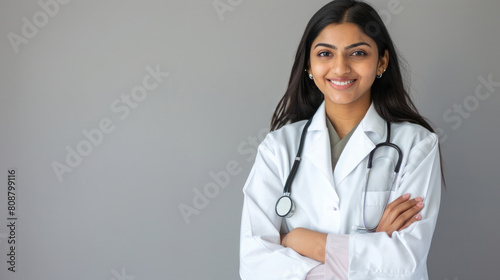 Beautiful and confident young Indian female doctor smiling with crossed arms wearing white uniform lab with stethoscope around her neck on plain gray background created with Generative AI Technology