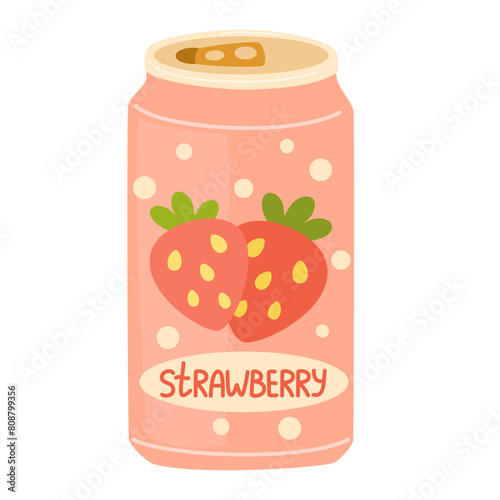 Soda drink, strawberry lemonade in tin. Fizzy carbonated berry flavored beverage, cold summer cocktail in aluminum can. Refreshment in metal jar. Flat vector illustration isolated