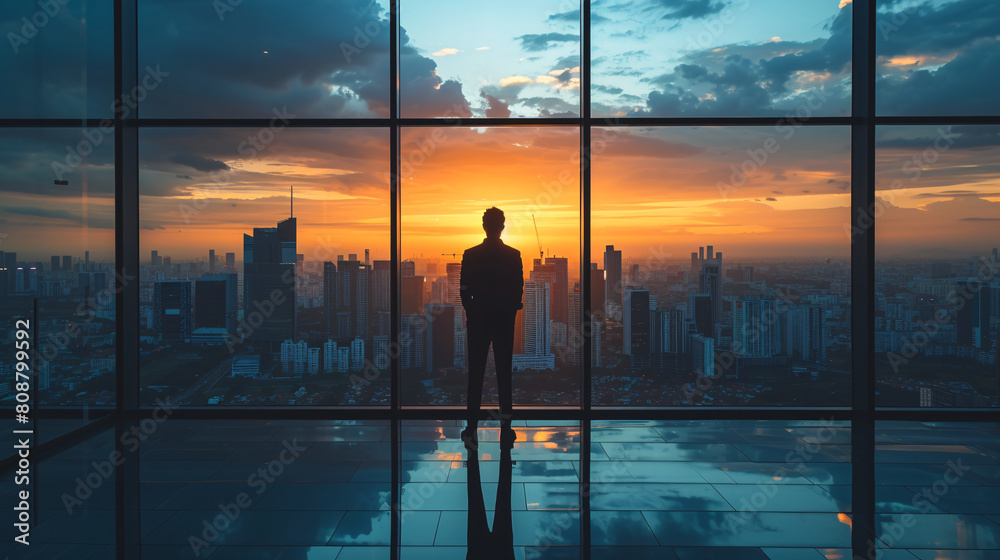 Detailed view of an entrepreneur taking a moment of reflection, gazing out of a large window at the city skyline. Symbolizes vision and ambition. Detailed view of an entrepreneur taking a moment of reflection, gazing out of a large window at the city skyline. Symbolizes vision and ambition.