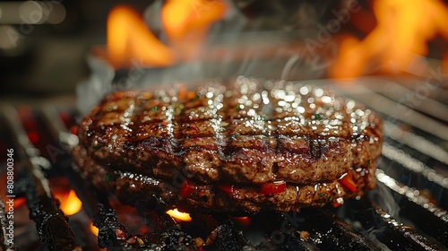 grilling techniques, a juicy burger patty sizzling on the grill, releasing a mouthwatering meaty aroma, an irresistible delight for the senses