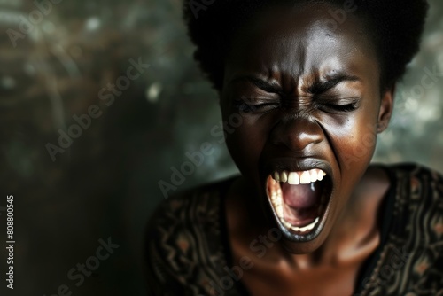 African woman's intense emotional outburst with powerful scream and dramatic expression on dark background. Showcasing raw and personal feelings of anger. Frustration