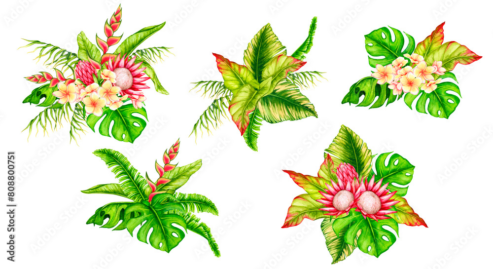Set of bouquets of tropical leaves and flowers. Watercolor composition. Realistic botanical illustration. Design for invitations, posters, cards, greeting cards, stationery, fabric printing, etc.