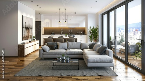 3D rendering of modern apartment interior with stylish furniture and wooden floor