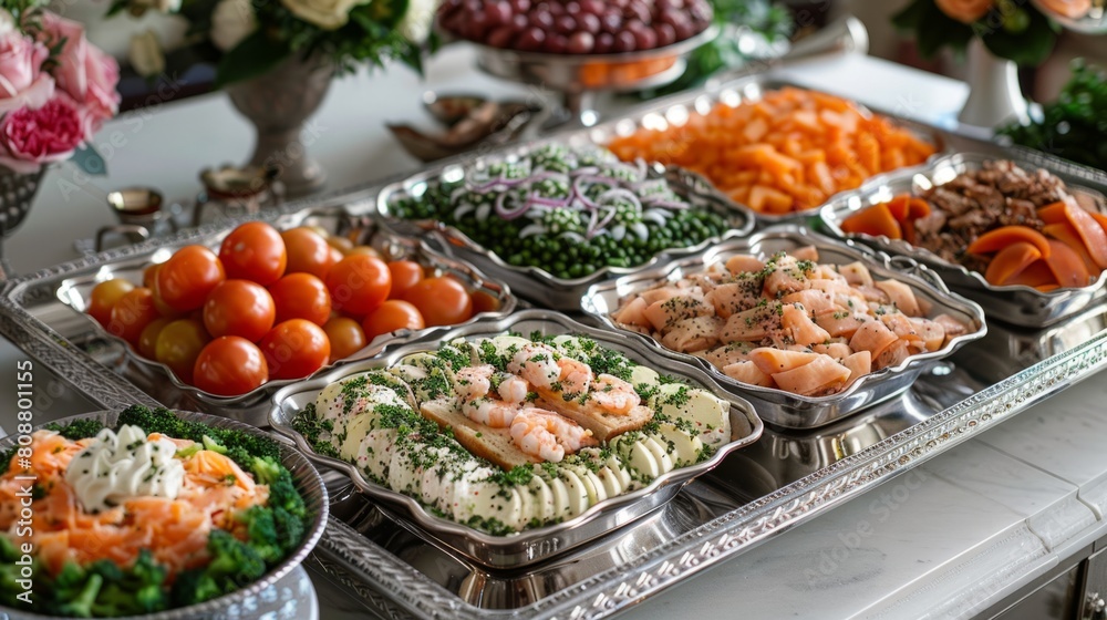 catering services, elegant silver trays brimming with delectable appetizers and finger foods, ideal for cocktail parties or corporate events