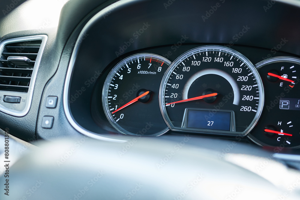 Closeup of a speedometer in a modern car, shallow depth of field Closeup of a speedometer in a modern car, shallow depth of field