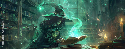 Ghostly Wizard Casting Spellbinding Enchantment in Enchanted Mystical Library