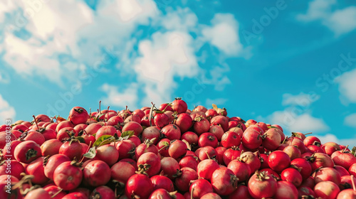 Pile of fresh ripe red hawthorn berries fruit on blue sky clear clouds background created with Generative AI Technology photo