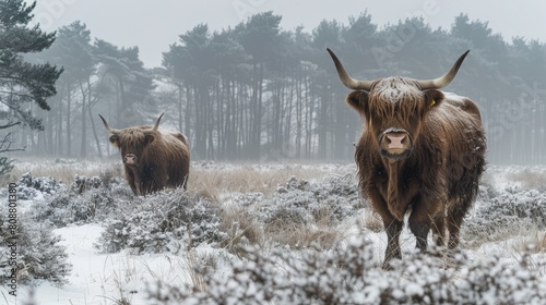 Highland cow in a snowy field looking at camera photo