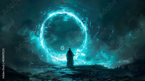 Ghostly wizard casting mystical spell summoning glowing energy ring in dark night sky
